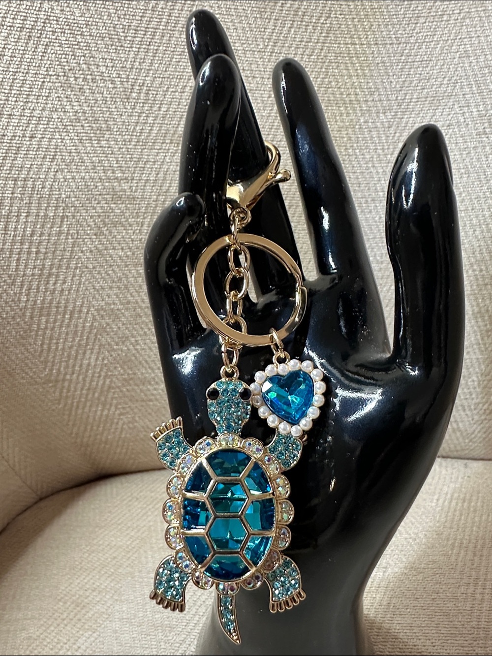 Sparkling Blue Turtle Keychain with Heart Charm - Picture 1 of 5